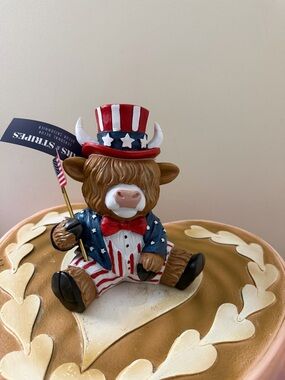 Stars & Stripes 4th of July Resin Highland Cow with Patriotic Outfit & Flag